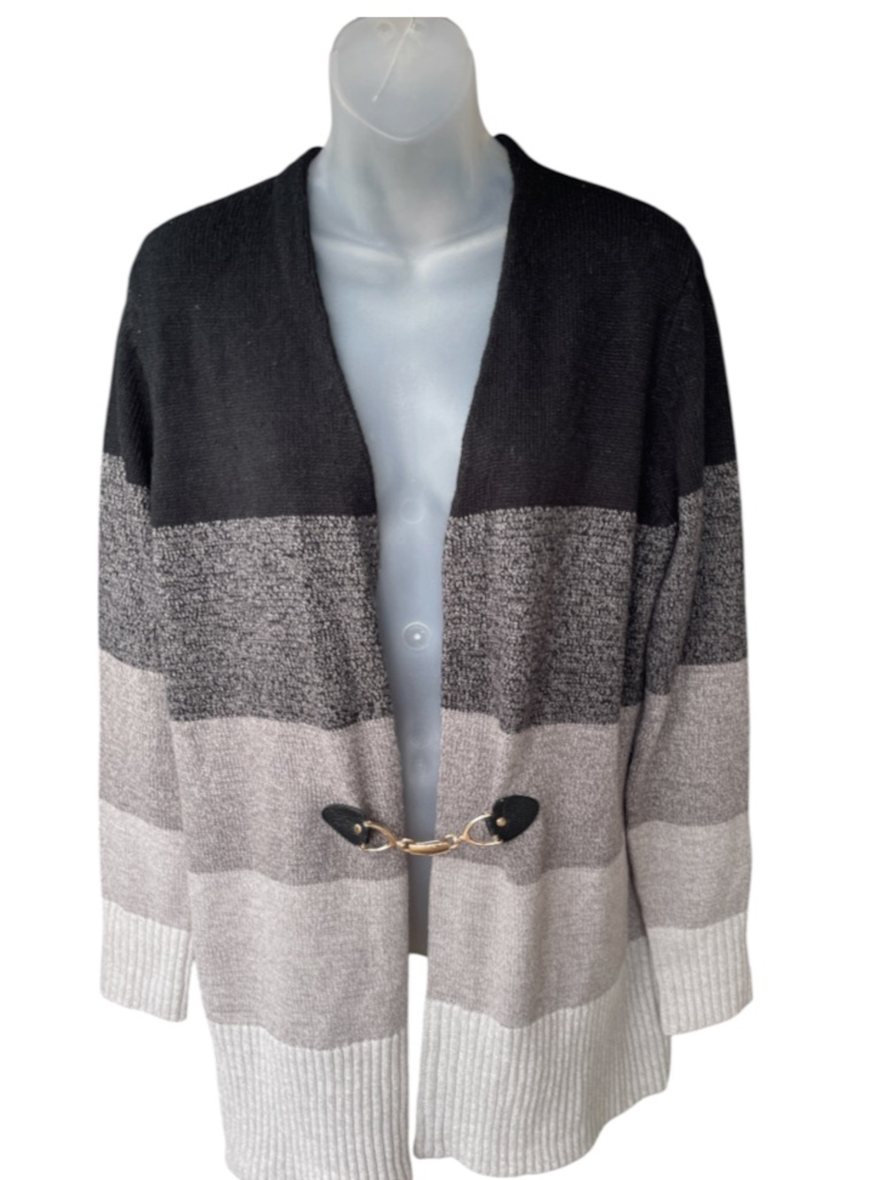 Hampshire Studio Color-Block Cardigan – Size L grey and black faux leather clasp